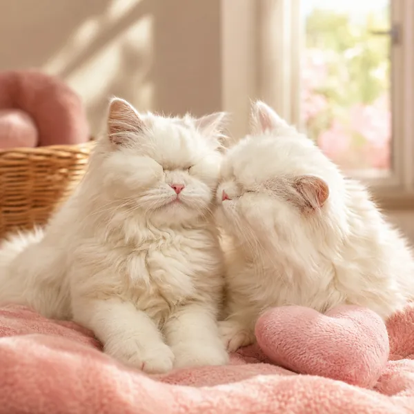 Moet and Chandon pressing their noses together on a pink blanket in warm sunlight beside a heart-shaped cushion.