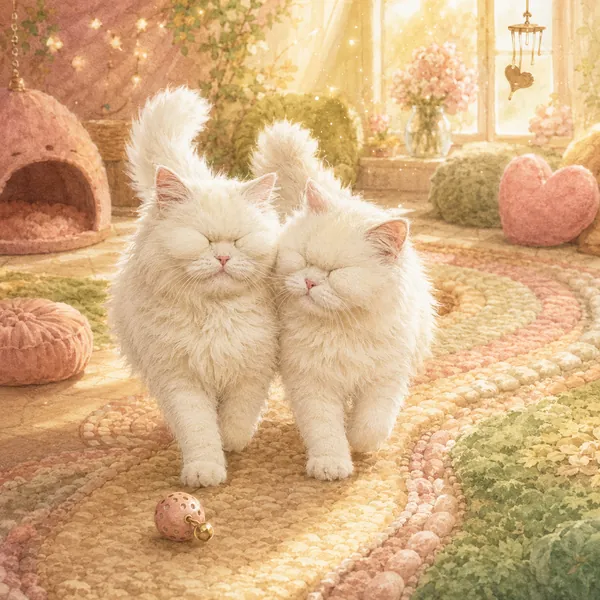 Moet and Chandon walking shoulder to shoulder across a soft pastel rug in their sunlit home.