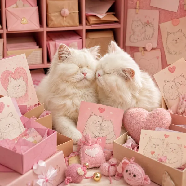 The two cats snuggling among pink fan mail, hand-drawn cards, plush hearts and parcels at their PO Box.