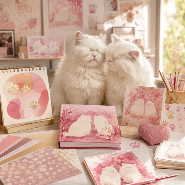 Moet and Chandon sitting behind a desk covered with fan-made books, calendars, prints and paw-print stationery.