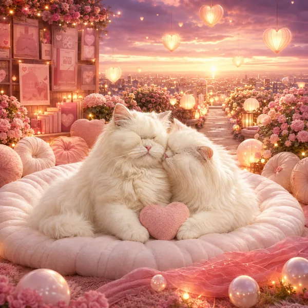 The two cats cuddling on a round cushion at sunset, surrounded by glowing heart lanterns, roses and city lights.